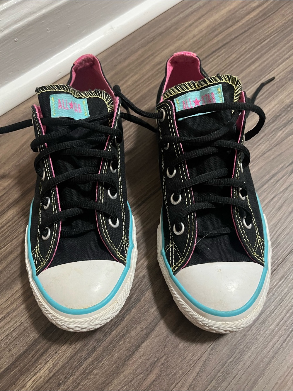 Converse Kids Black Canvas Sneakers with Pink & Teal Trim